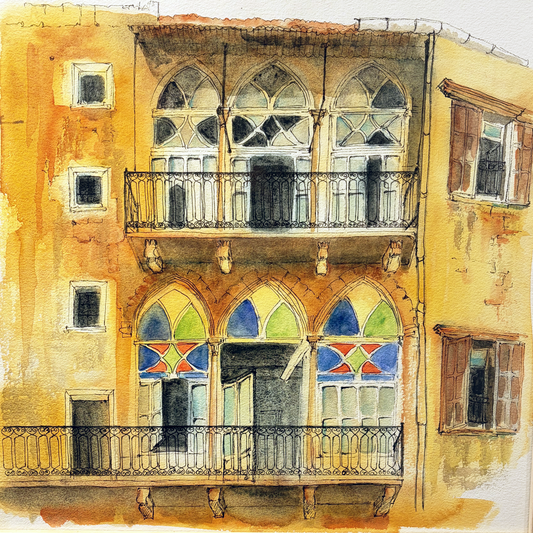 Watercolor painting of a building facade with decorative windows and balconies.