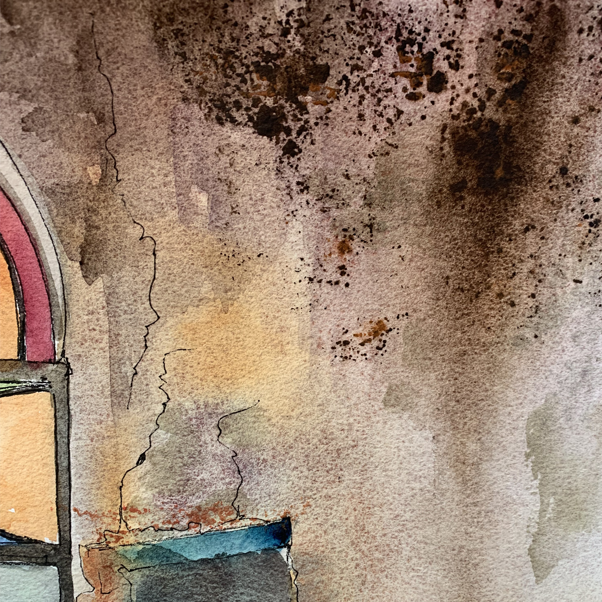Artistic depiction of a window with watercolor textures and colors