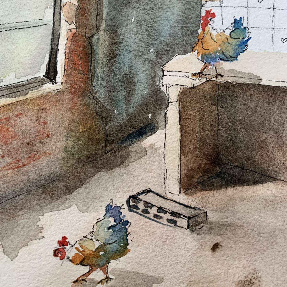 Watercolor illustration of chickens in a kitchen setting with a stove and tiled wall.