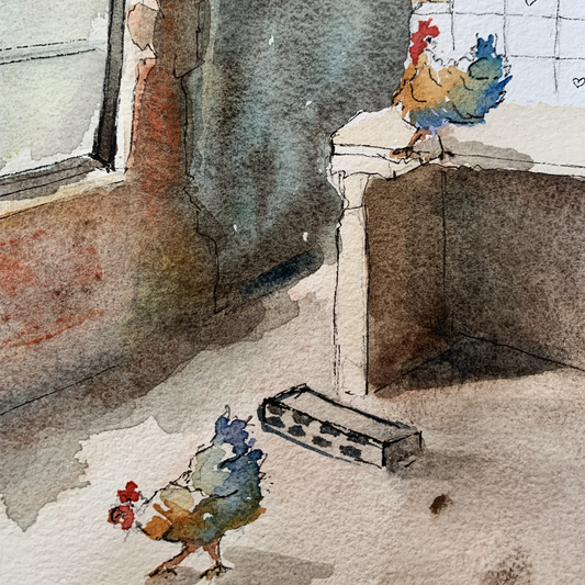 Watercolor illustration of chickens in a kitchen setting with a stove and tiled wall.