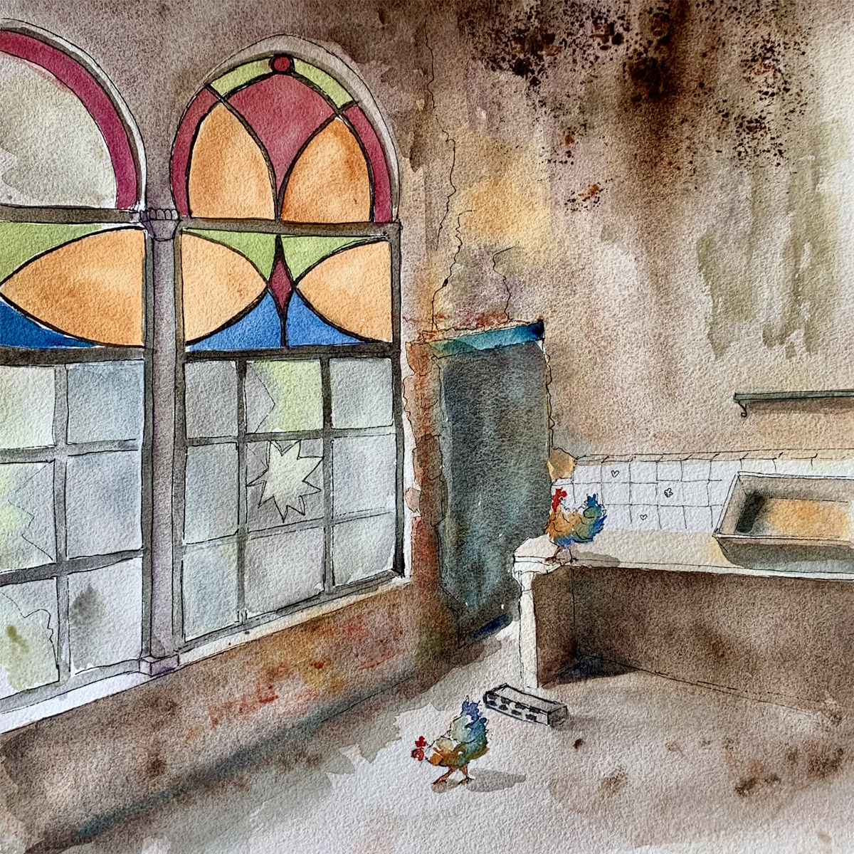 Watercolor painting of a rustic interior with stained glass window and kitchen sink.