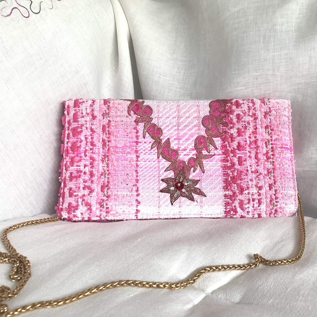 Haute Couture Fuchsia Pink Tweed Handcrafted Clutch - Ethical, Made in Lebanon