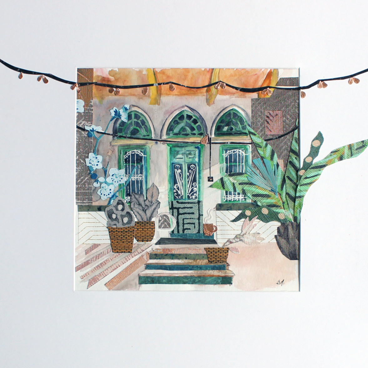 Original Watercolor and Mixed Media Guinguette à Beyrouth 30X30