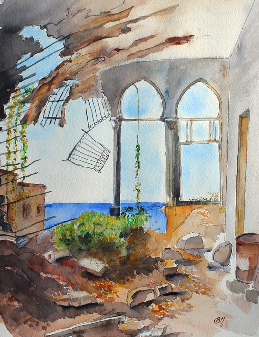 original watercolor fenetre avec vue beirut