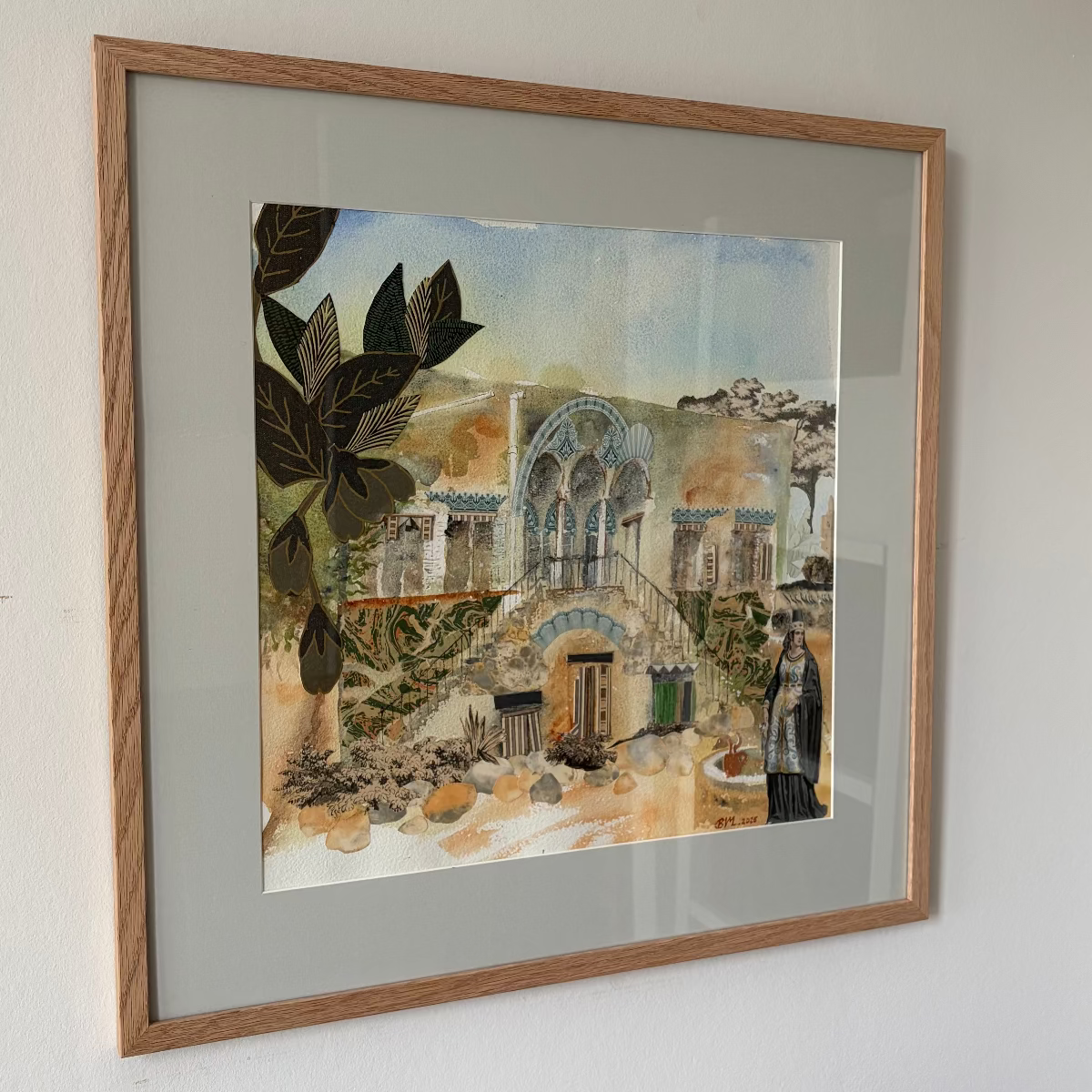 Original Watercolor and Collage The Lady at the Fountain 40X40