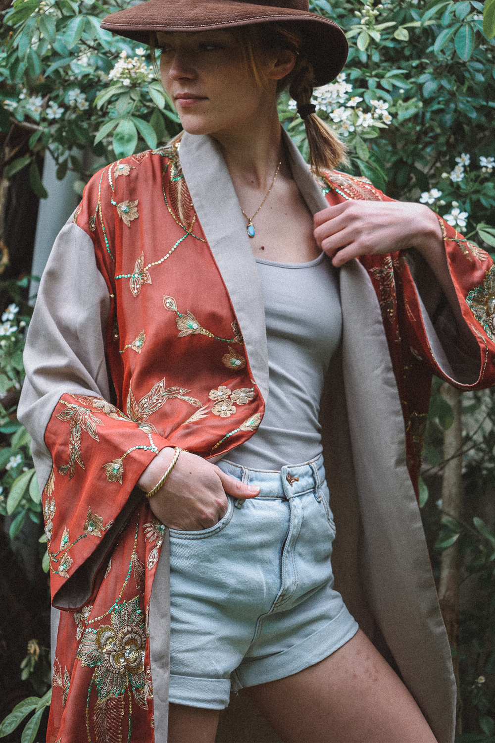 Kimono unique en soie et coton avec textile indien vintage