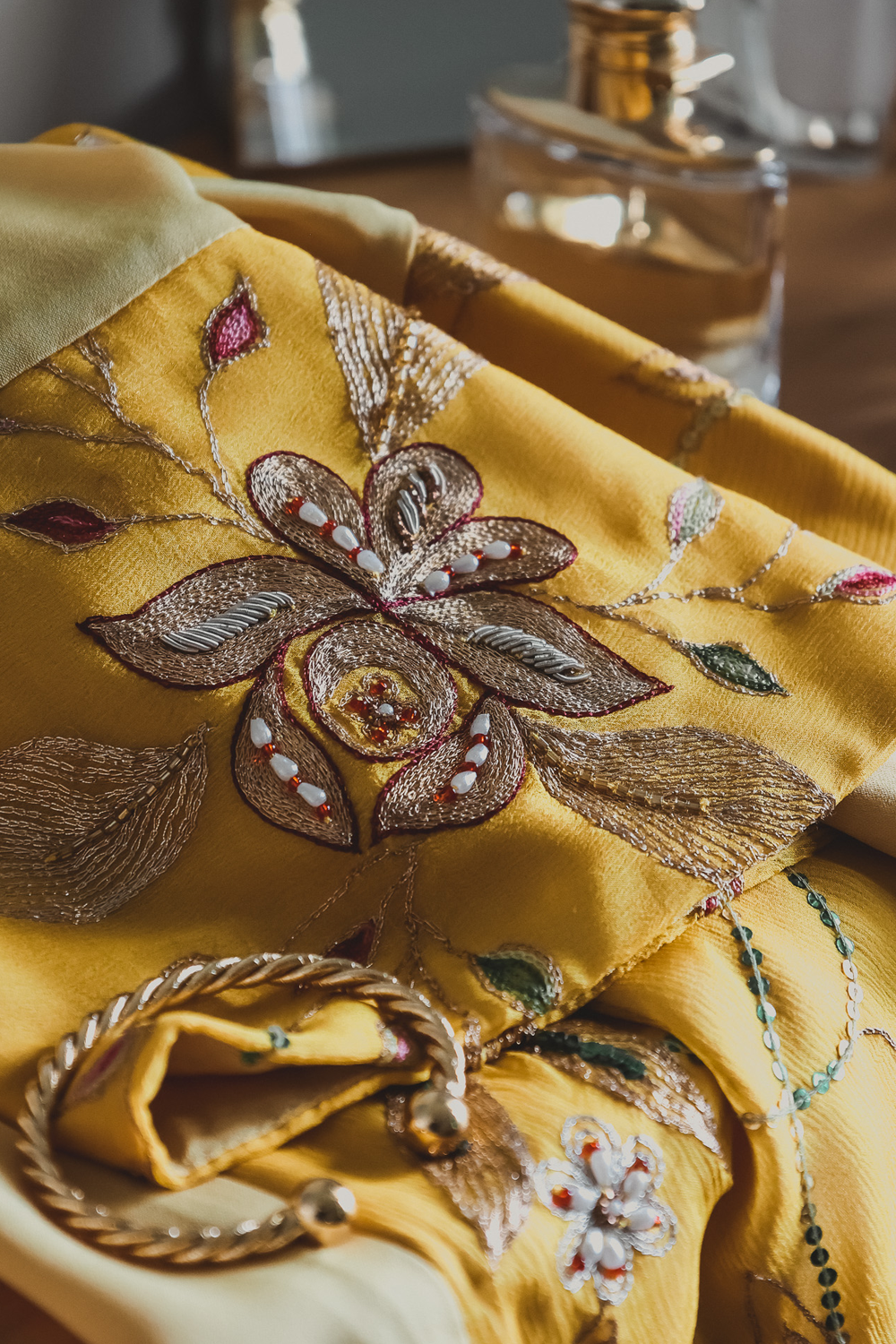 Unique Yellow Gold Silk Kimono with Vintage Embroideries