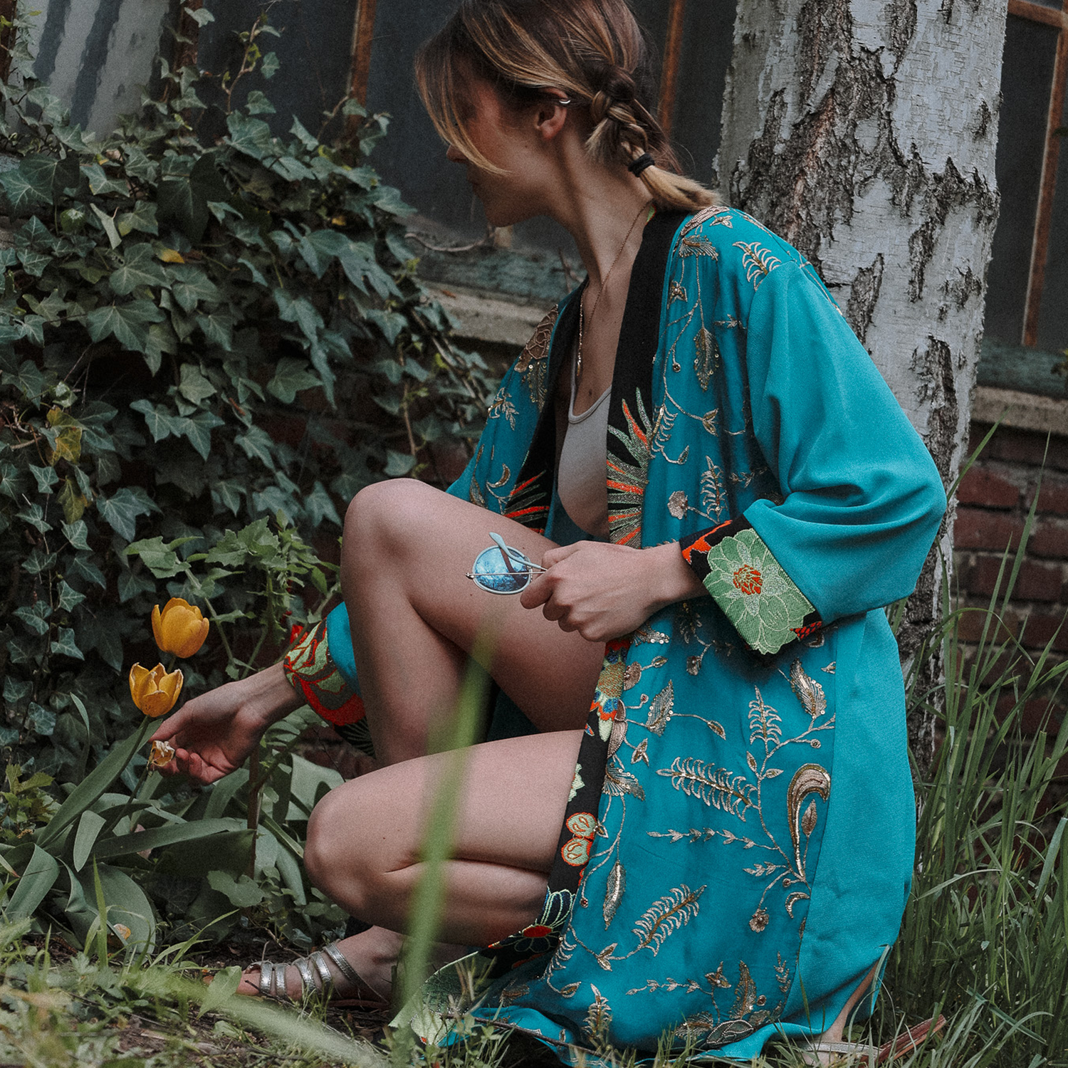 Embroidered Turquoise Silk Kimono