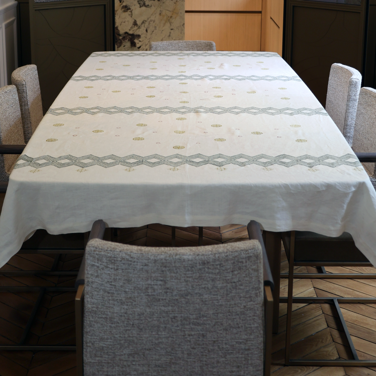 Diamond Patterned Block Printed White Linen Tablecloth