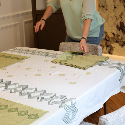 Diamond Patterned Block Printed White Linen Tablecloth