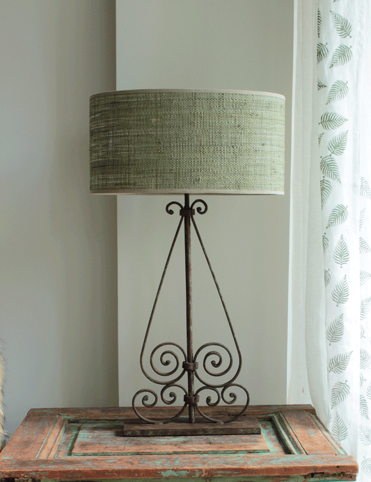 Dancer's Gate Table Lamp: Rustic Green Patina with Raffia Shade