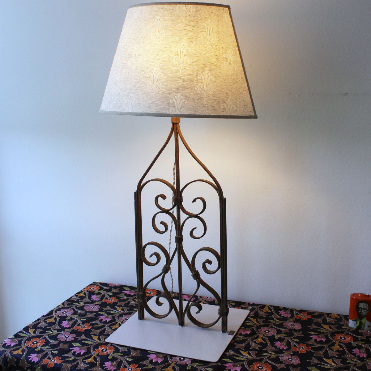 Handmade Iron Balustrade Lamp with Fleur-de-Lys Shade