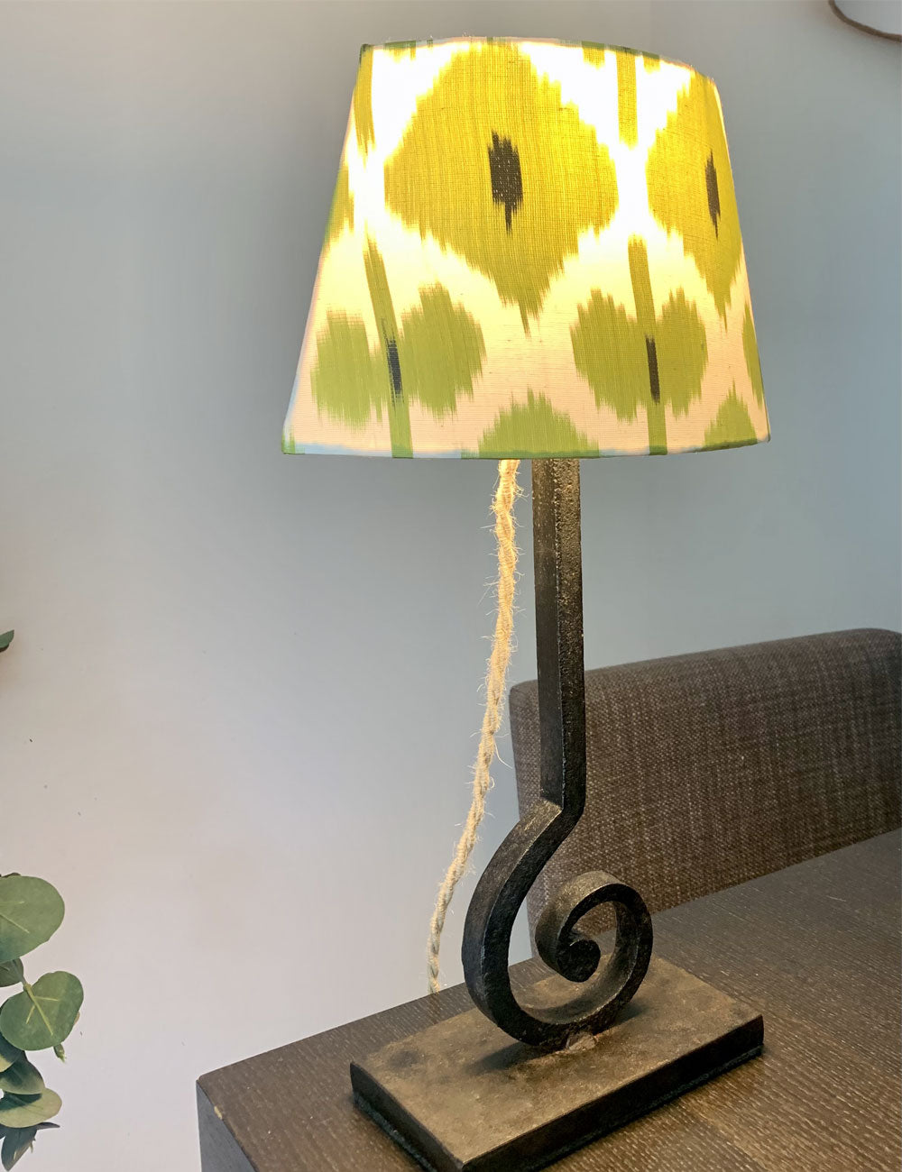 Mini curl iron side lamp with green Ikat lampshade