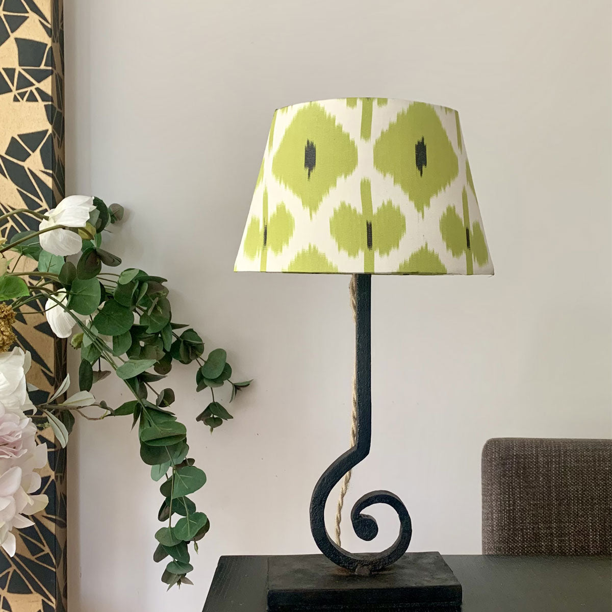 Mini curl iron side lamp with green Ikat lampshade