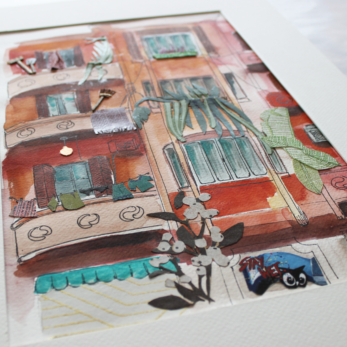 Original Watercolor and Collage La Vie en Rose