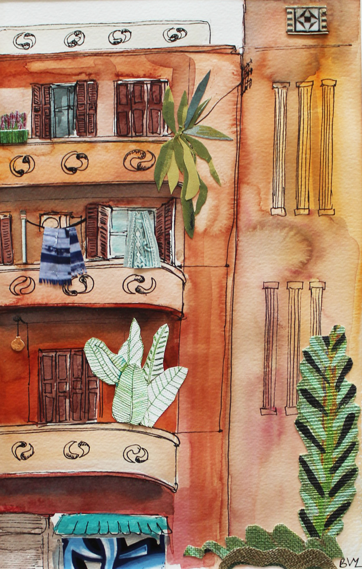 Original Watercolor and Collage La Vie en Rose