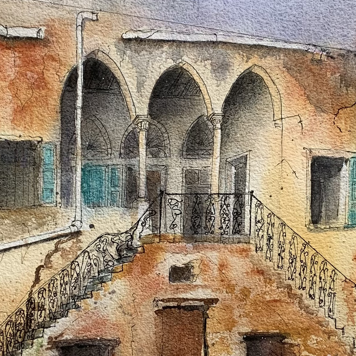 Aquarelle originale : La Maison de la Fontaine Silencieuse 40X40