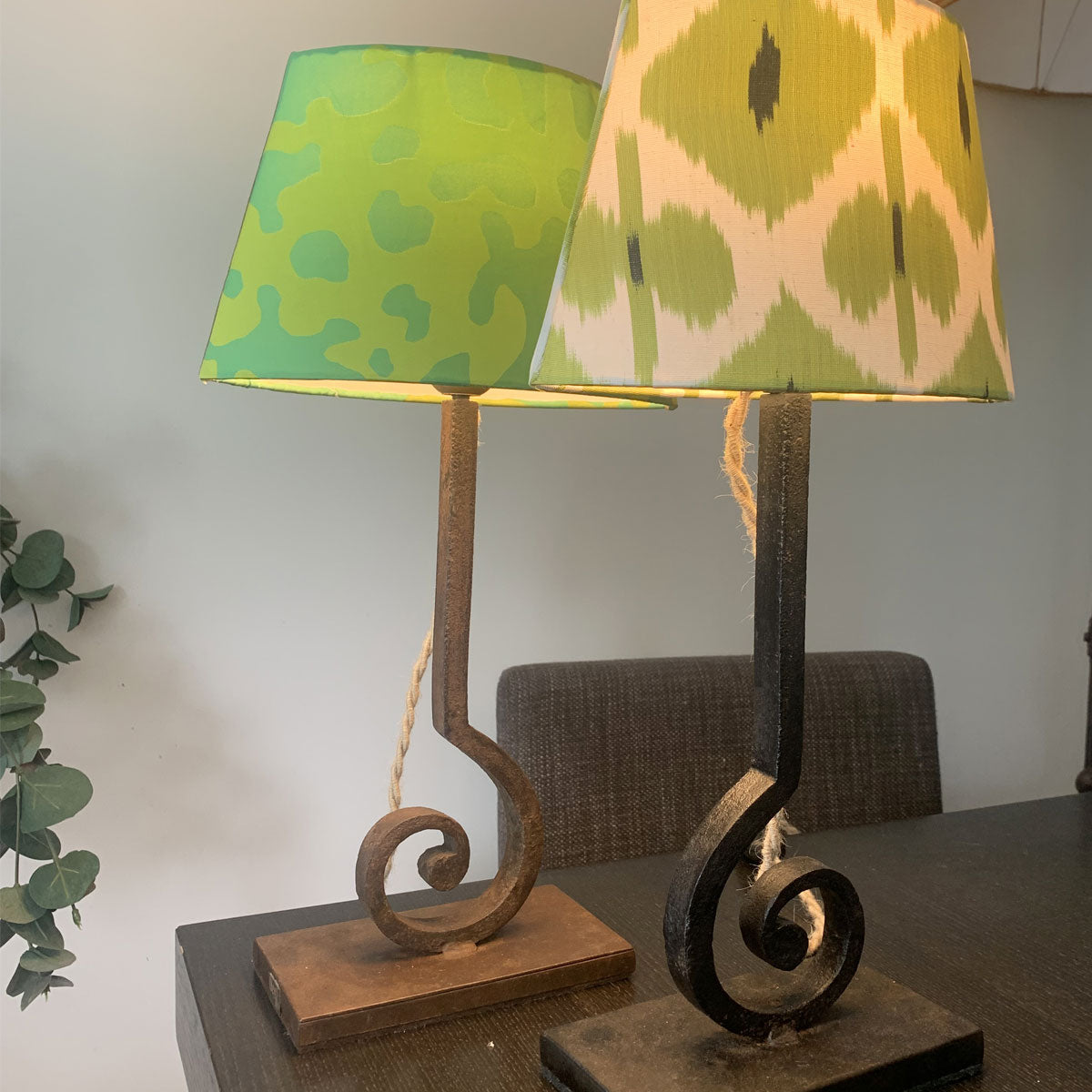 Mini curl iron side lamp with green silk lampshade