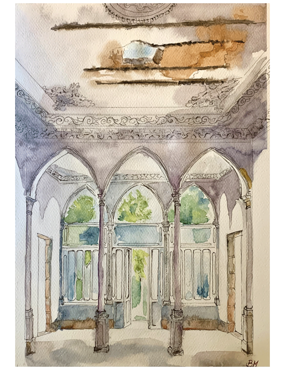 Original watercolor Perspective, a noble house in Beirut 40X30