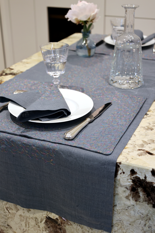 Aghabani Embroidered Placemat on Blue Linen