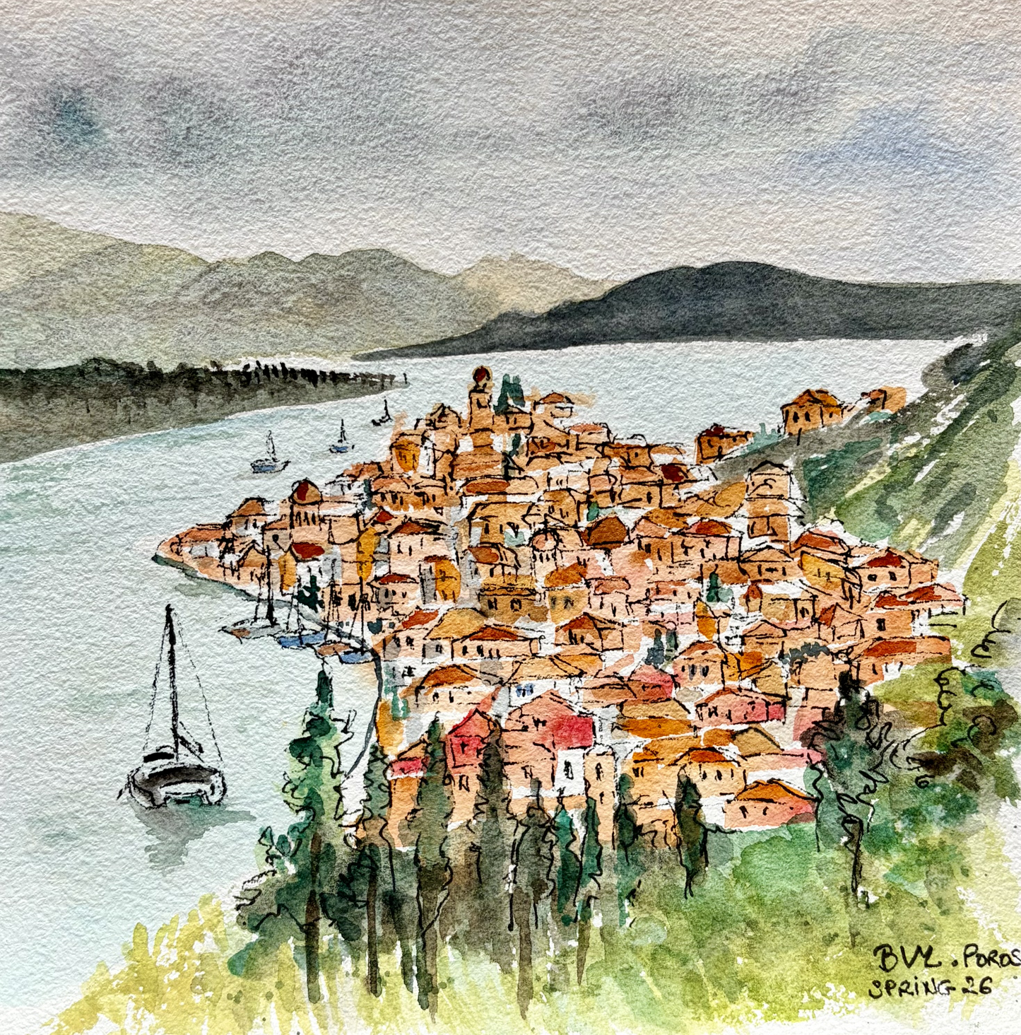 Watercolor reproduction Poros Island, Greece 20X20 cm