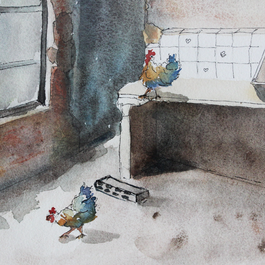 Original Watercolor : Heritage Fades, Chickens Remain 40X40