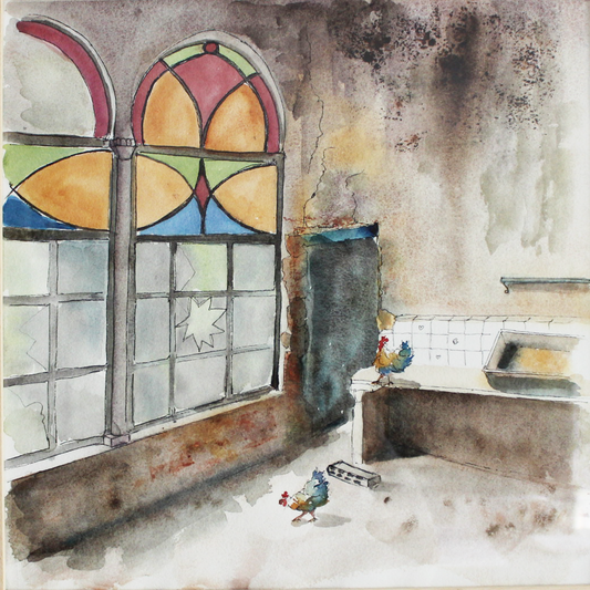Original Watercolor : Heritage Fades, Chickens Remain 40X40