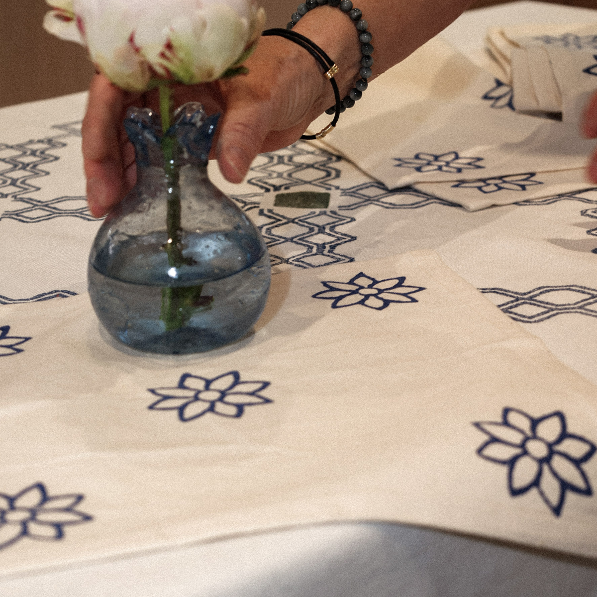 Cotton block printed napkins in green or blue