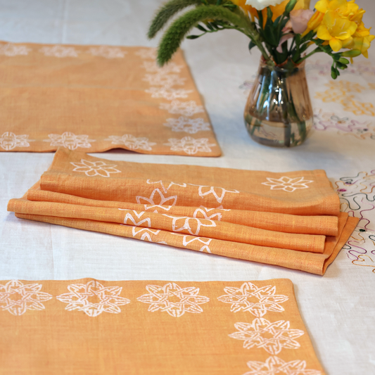 Block print apricot linen napkins