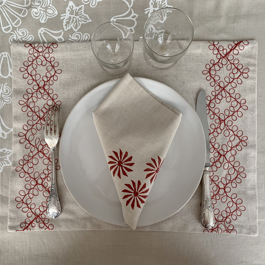 Beige Linen Embroidered Placemat Pattern Diamond in Red, Green and Blue