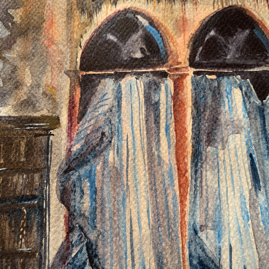 Original Watercolor The Blue Curtains Urbex Beirut 40X30