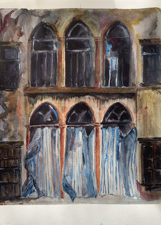 Original Watercolor The Blue Curtains Urbex Beirut