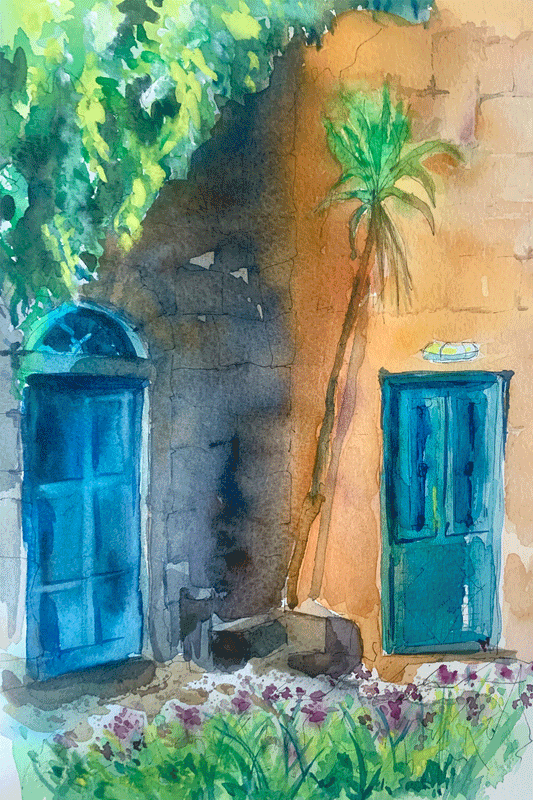 Original watercolor The Blue Doors 22X30