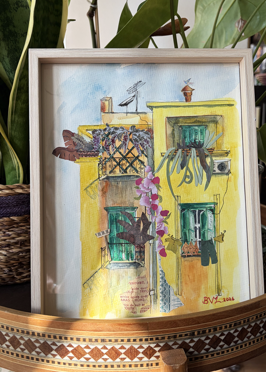 Aquarelle et collage original 21X26 Le bâtiment jaune avec des glycines