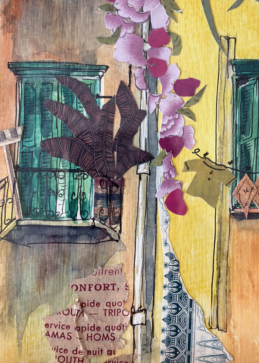 Aquarelle et collage original 21X26 Le bâtiment jaune avec des glycines