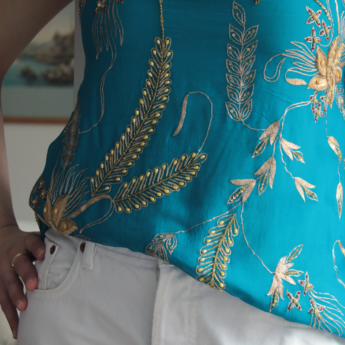 Embroidered Turquoise Blue Silk Music Festival Top