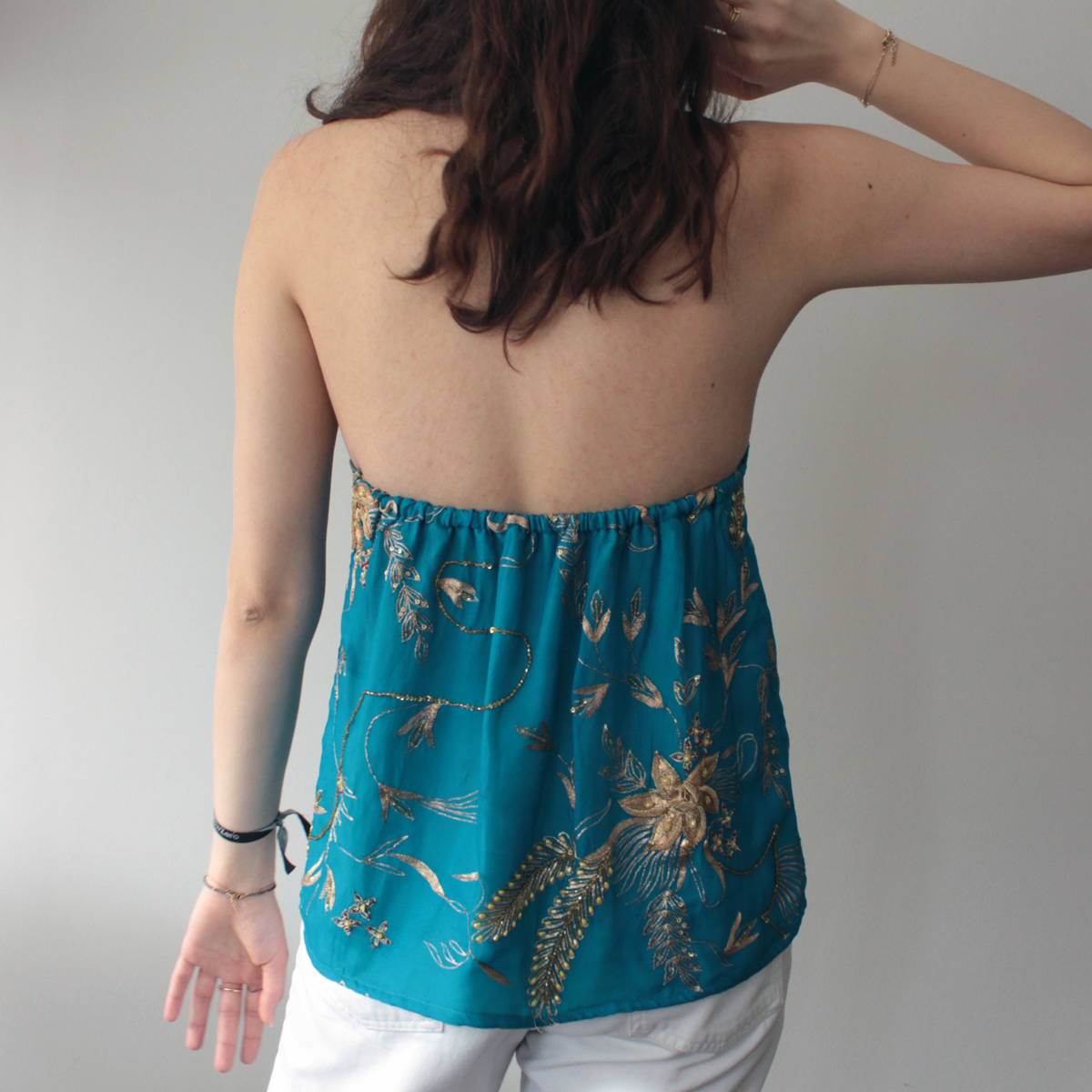 Embroidered Turquoise Blue Silk Music Festival Top