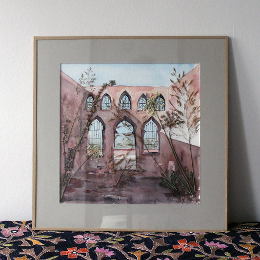 Original watercolor "Wild, wild" with pressed flowers 26X26