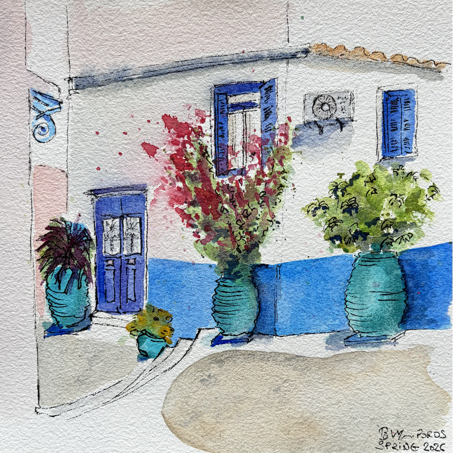 Watercolor reproduction Poros Island, Greece 20X20 cm