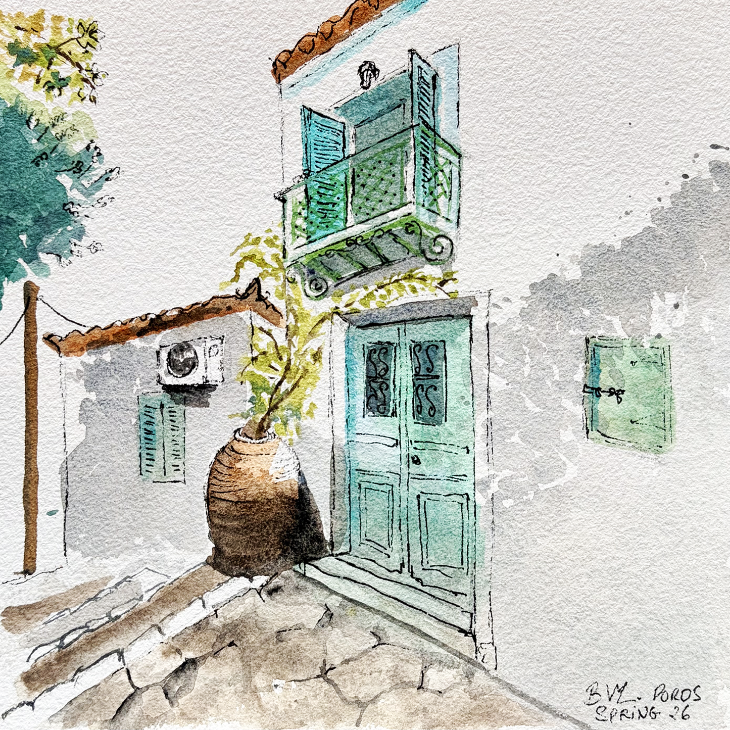 Watercolor reproduction Poros Island, Greece 20X20 cm
