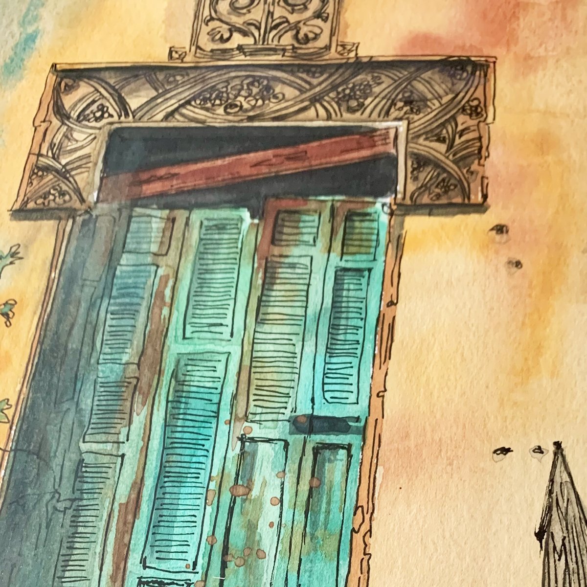 Résilience et beauté dans l'imperfection : aquarelle d'une porte cassée à Beyrouth