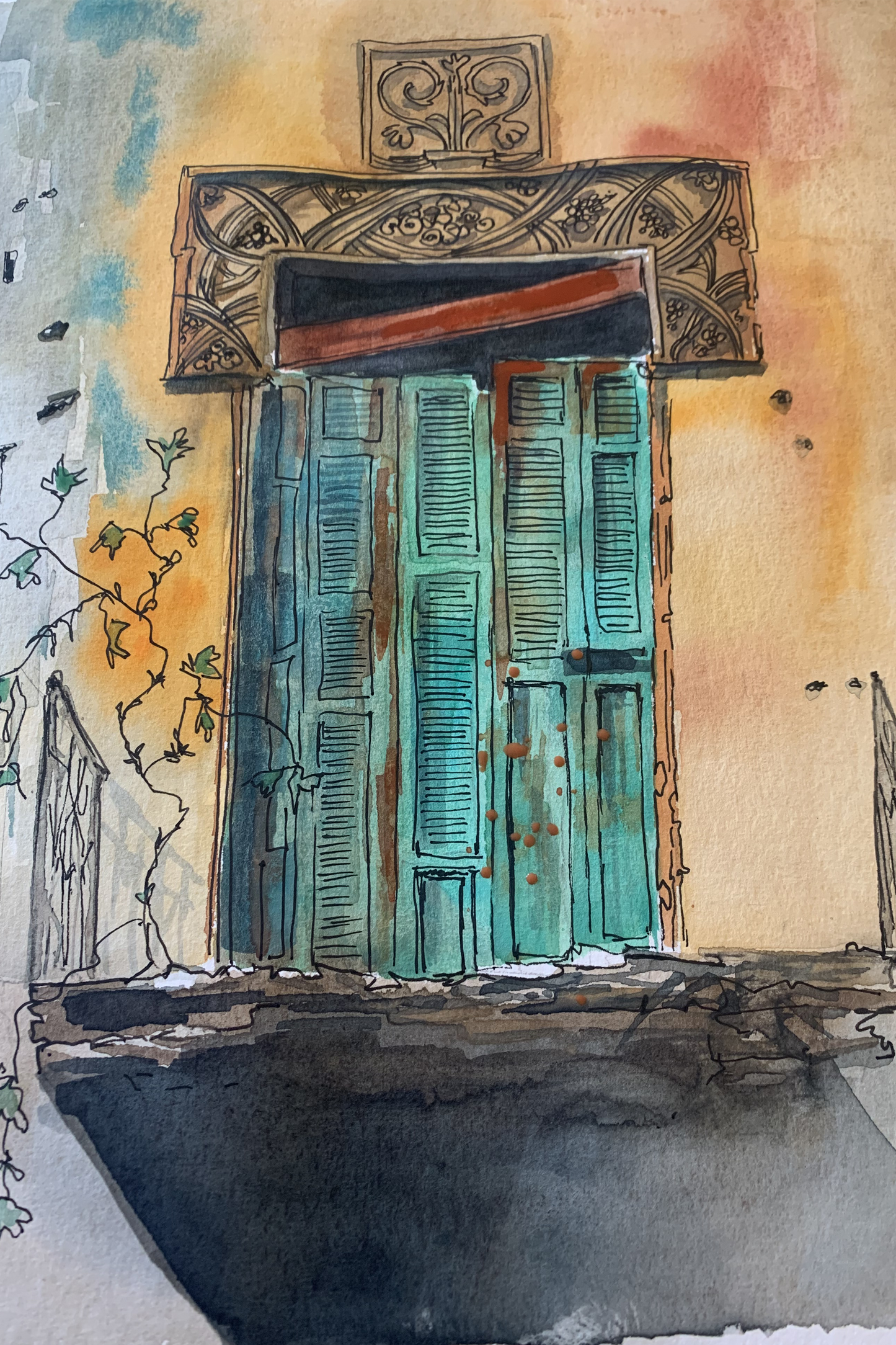 Résilience et beauté dans l'imperfection : aquarelle d'une porte cassée à Beyrouth