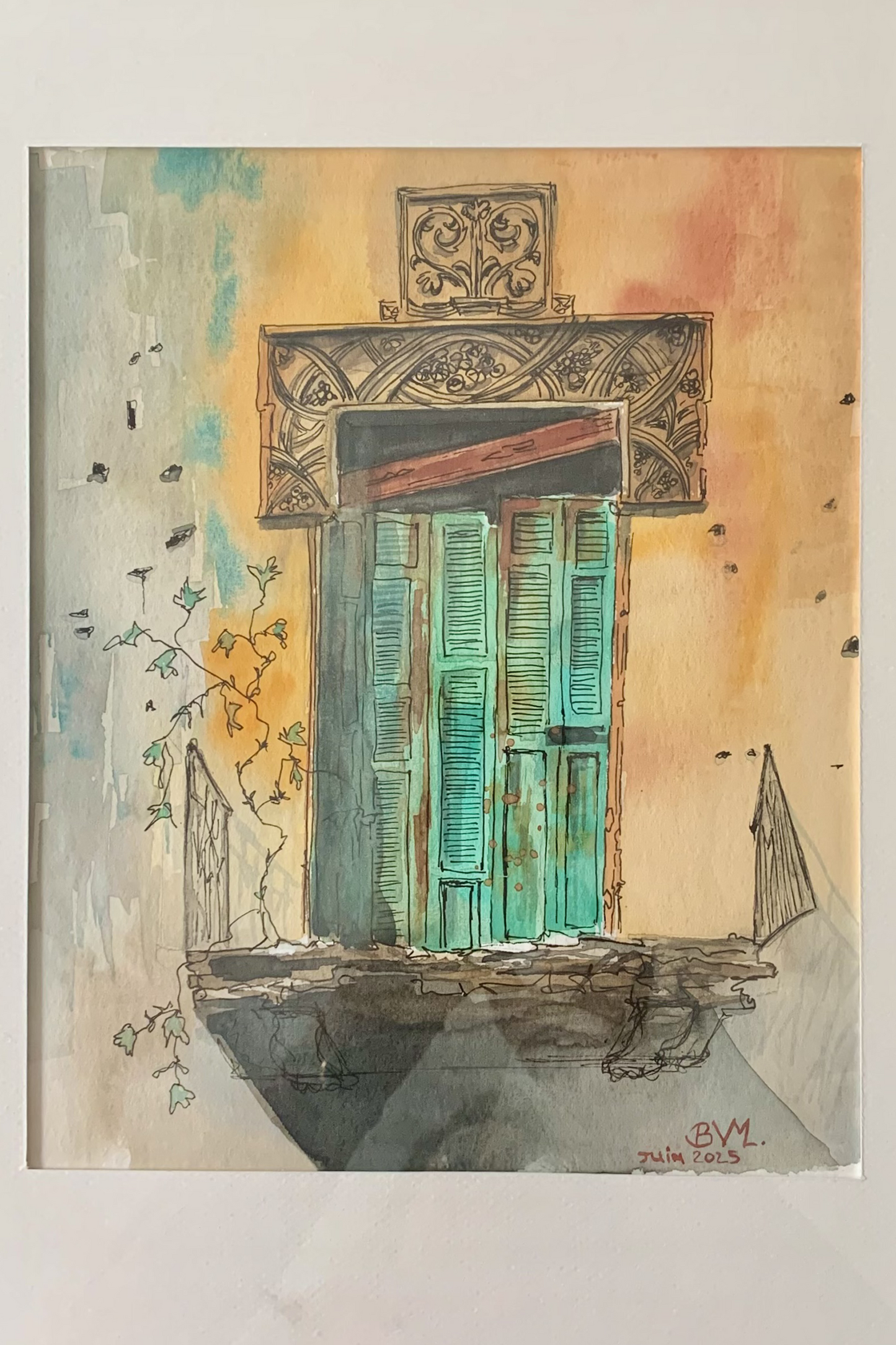 Résilience et beauté dans l'imperfection : aquarelle d'une porte cassée à Beyrouth