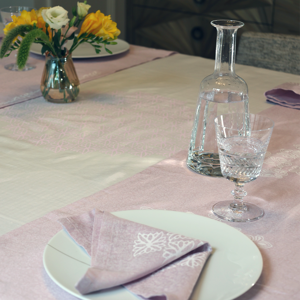 Lilac Linen Runners:  Handcrafted in Lebanon with Traditional Wood Stamp Technique