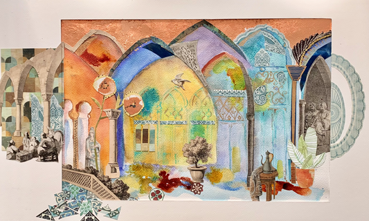 Original watercolor and mixed media The golden Souk