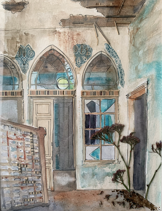 Original Watercolor and collage 36 X 22 Côté Cour