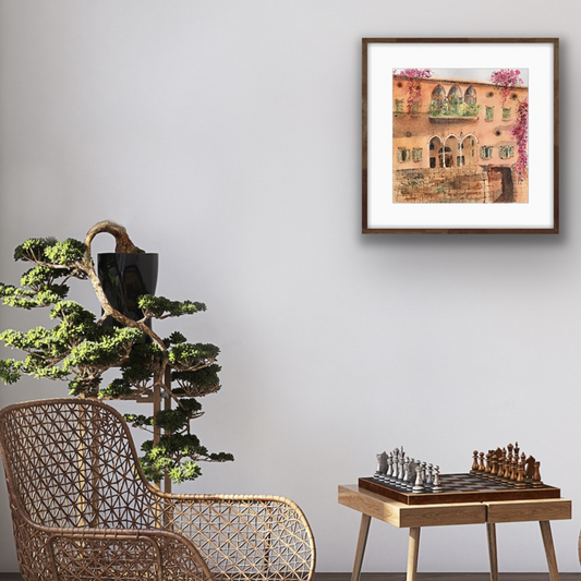 Original Watercolor Setting Sun on Bassili House in Beirut 40X40