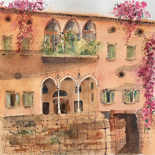 Original Watercolor Setting Sun on Bassili House in Beirut 40X40