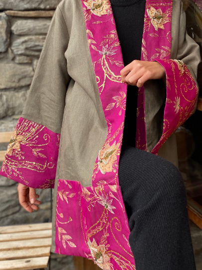 Three Quarter Linen Coat with Embroidered Fuchsia Silk