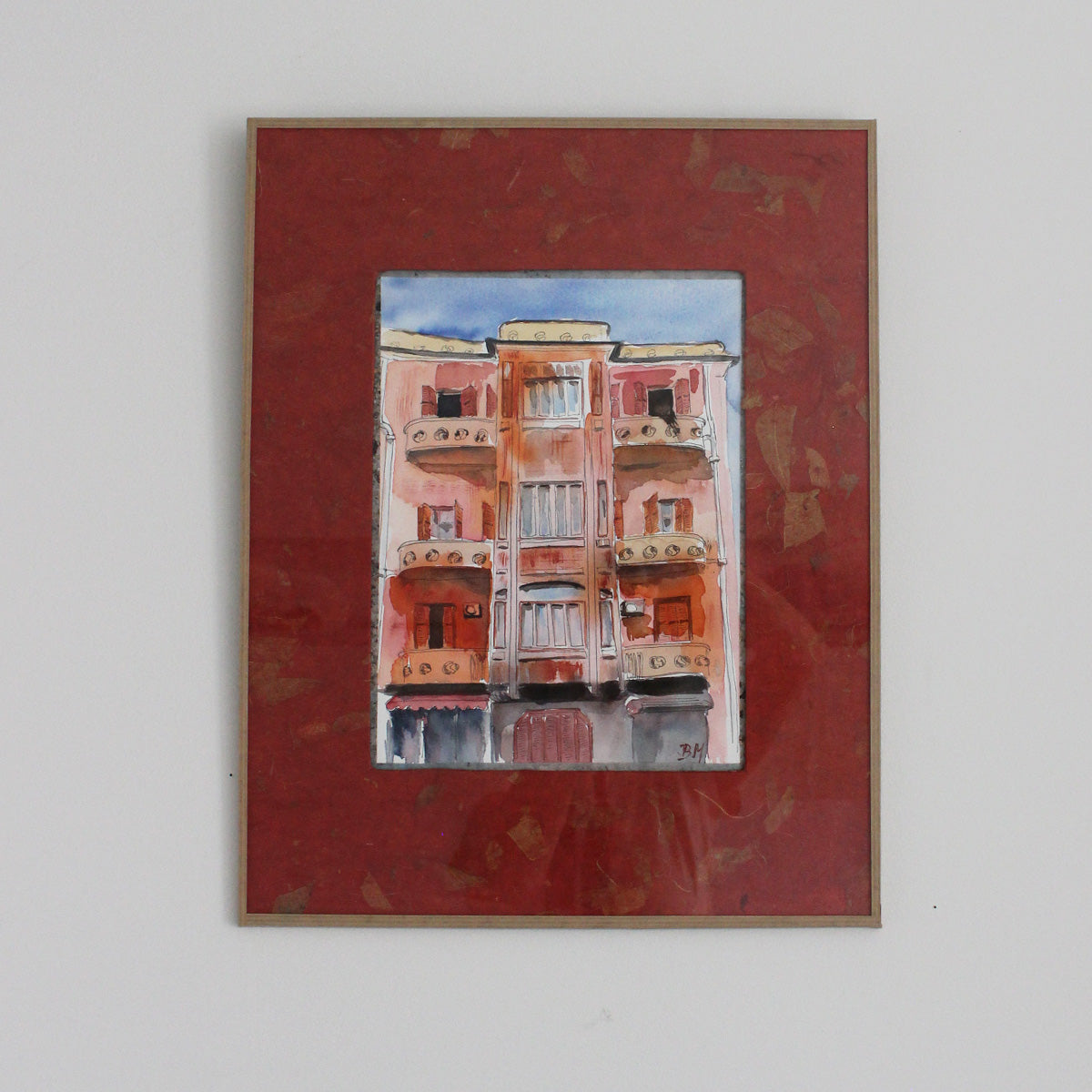 Original Watercolor "Habibe" the pink building in Beirut 22X30